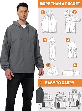 Mens Rain Jacket Lightweight Windbreaker Waterproof Raincoat Cycling Running Hiking Gear Hood Packable